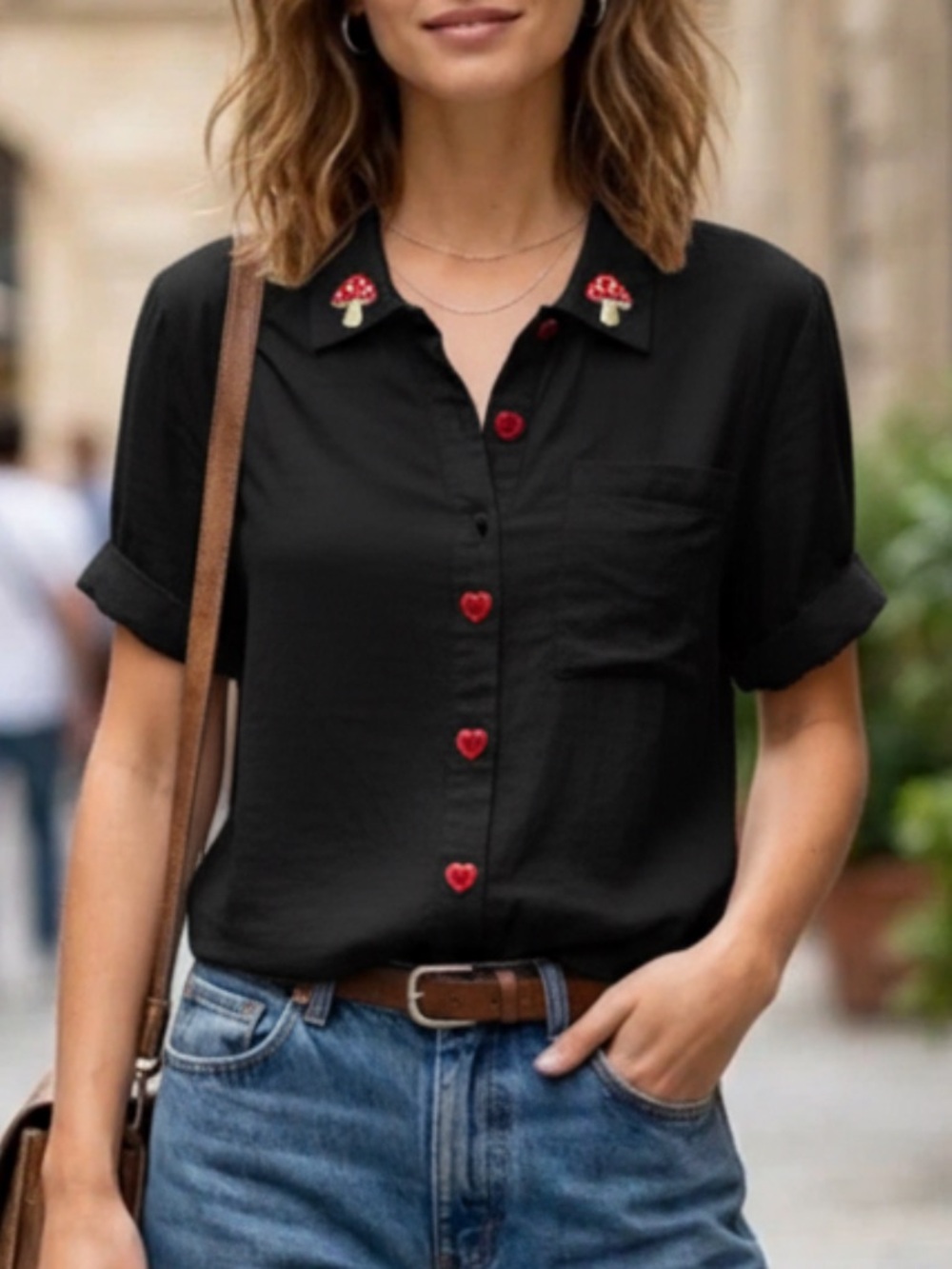 Thorn & Fable Black Cropped Shirt with Red Heart Buttons - Size Medium